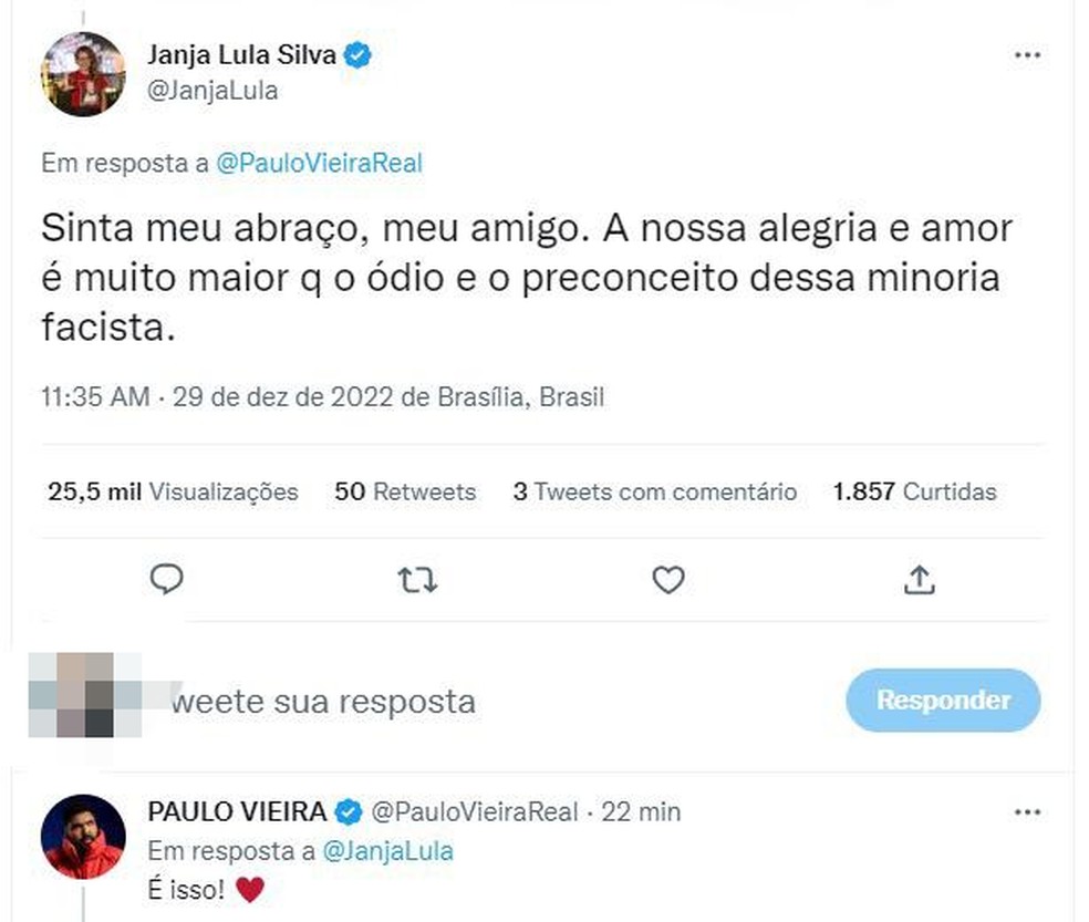 Janja publica mensagem de apoio a Paulo Vieira — Foto: Reprodução/Twitter