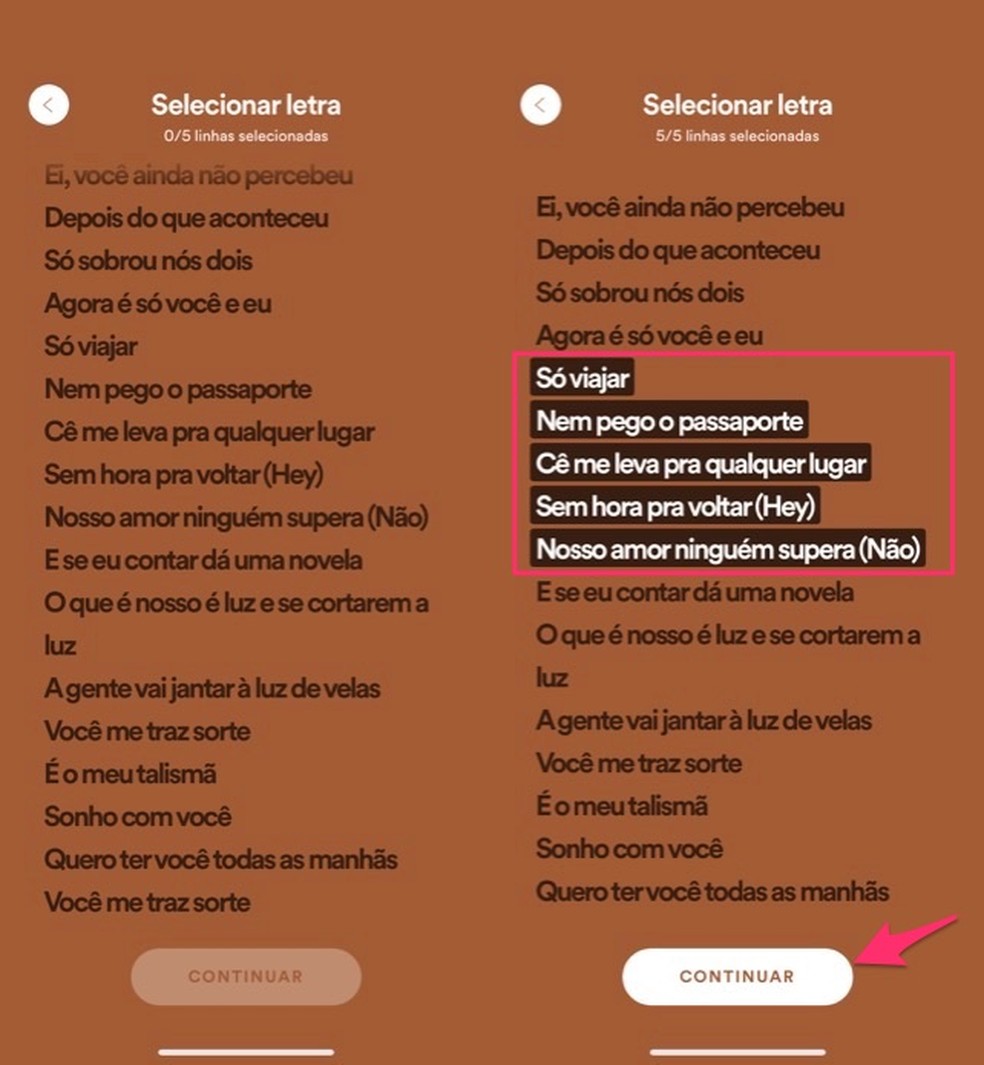 Selecione os trechos de uma letra de música para compartilhar nas redes sociais — Foto: Reprodução/Marvin Costa