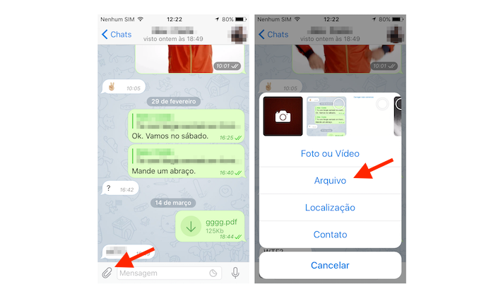 Acessando a ferramenta para compartilhamento de arquivos do Telegram no iPhone (Foto: Reprodução/Marvin Costa)