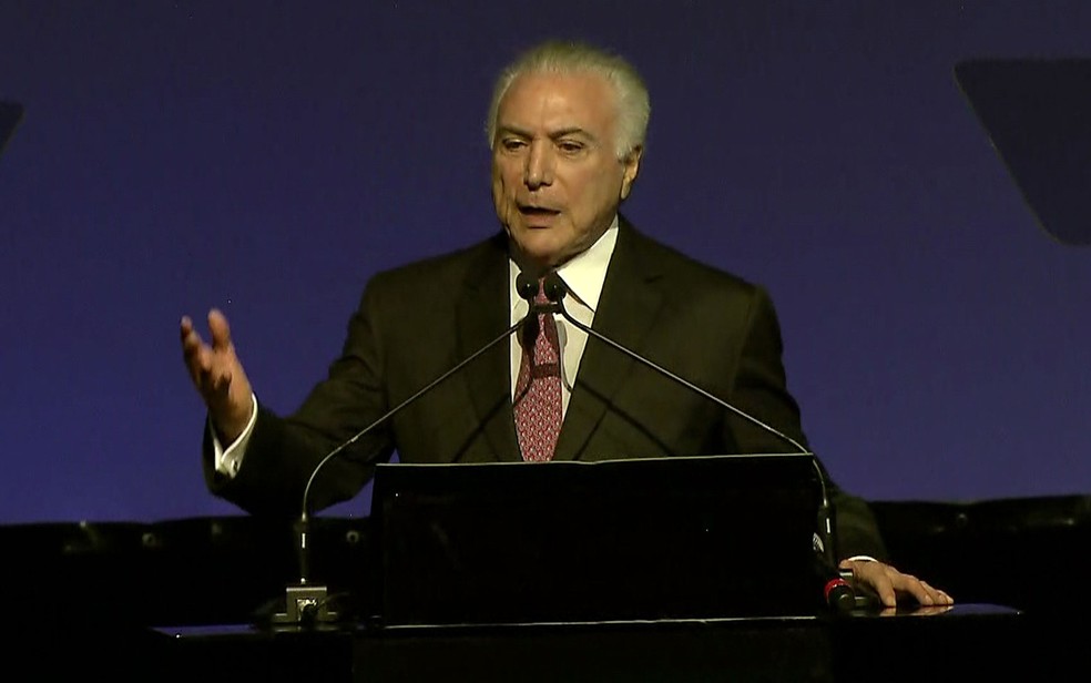 O presidente Michel Temer durante discurso na abertura de um congresso do setor automotivo em São Paulo, na terça-feira (7) (Foto: TV Globo/Reprodução)