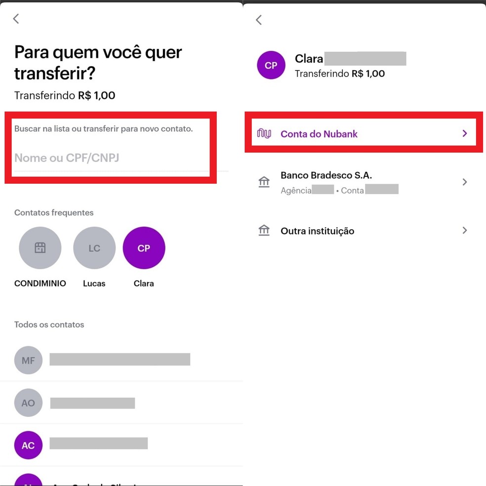 Insira o nome, CPF, CNPJ ou e-mail da pessoa ou empresa e toque sobre a opção "Conta do Nubank" para ver como transferir pelo Pix — Foto: Reprodução/Clara Fabro