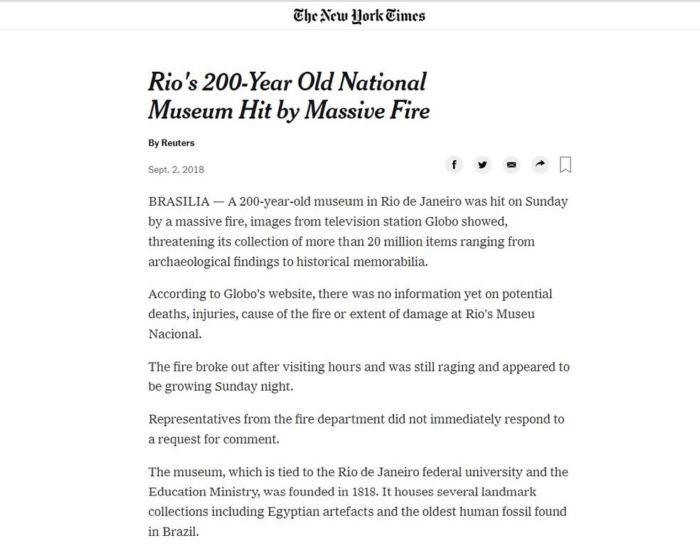 New York Times destaca acervo do Museu Nacional ameaçado por grande incêndio. (Foto: Reprodução/New York Times)