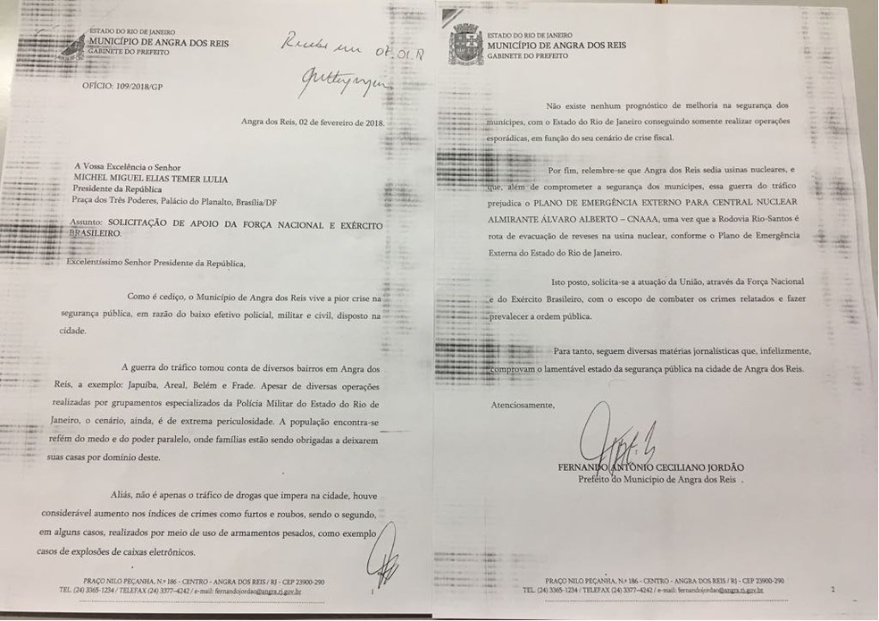 Documento  foi enviado ao Governo Federal solicitando o reforço na segurança pública de Angra (Foto: Divulgação/Prefeitura de Angra dos Reis)