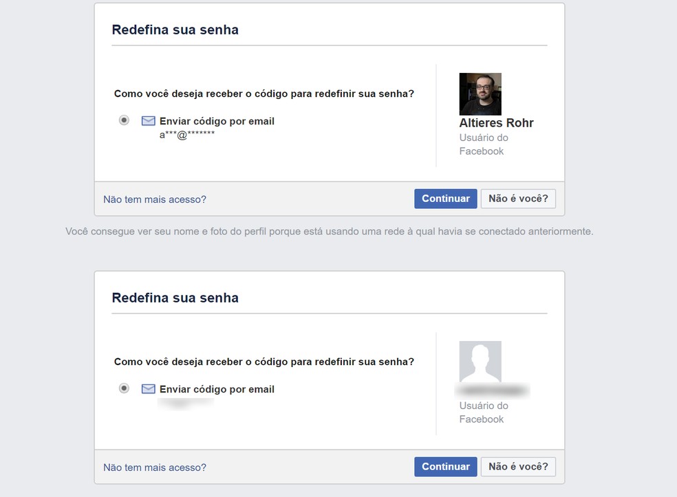 Facebook só identifica o perfil na recuperação de senha por telefone quando reconhece a rede de acesso do usuário. — Foto: Reprodução