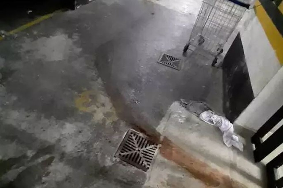 Manchas de sangue ficaram na garagem do prédio após a passagem dos corpos — Foto: A Tribuna de Santos