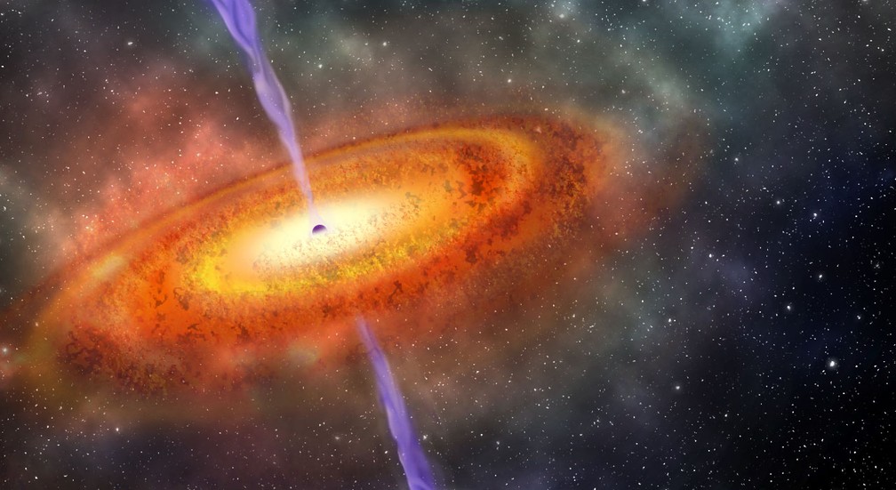 Concepção artística ilustra o buraco negro encontrado. Ele está no centro de um quasar, o objeto mais distante do universo (Foto: Robin Dienel/Carnegie Institution for Science)