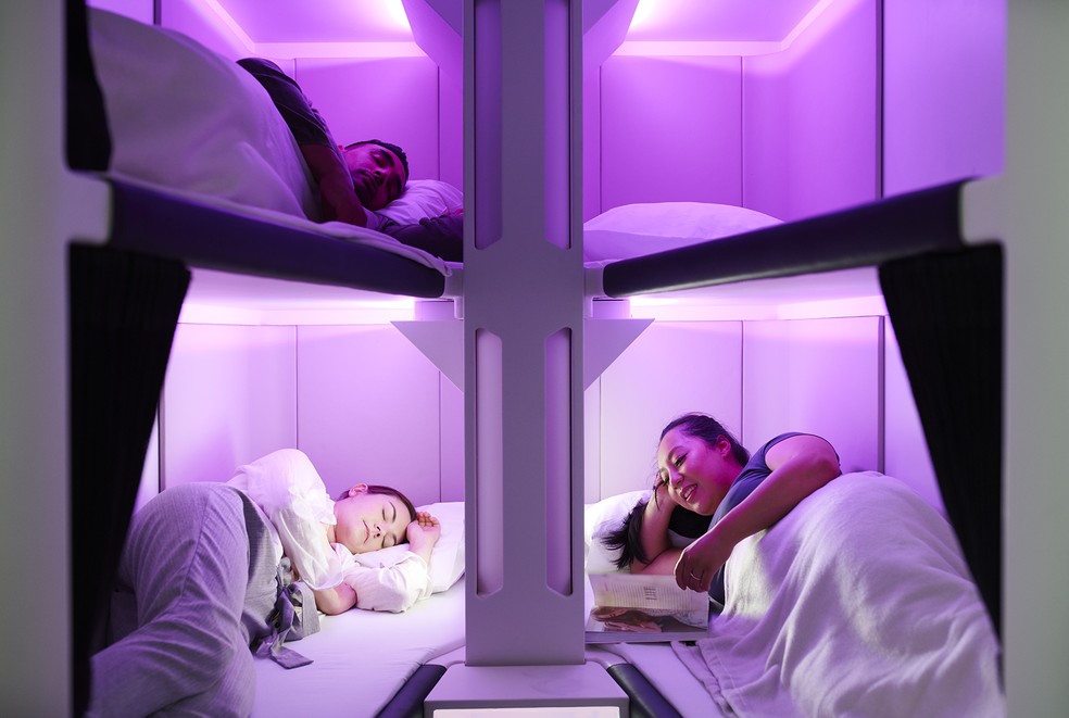 Aérea terá cabines com camas na classe econômica para passageiros dormirem em voos — Foto: Air New Zealand/Divulgação