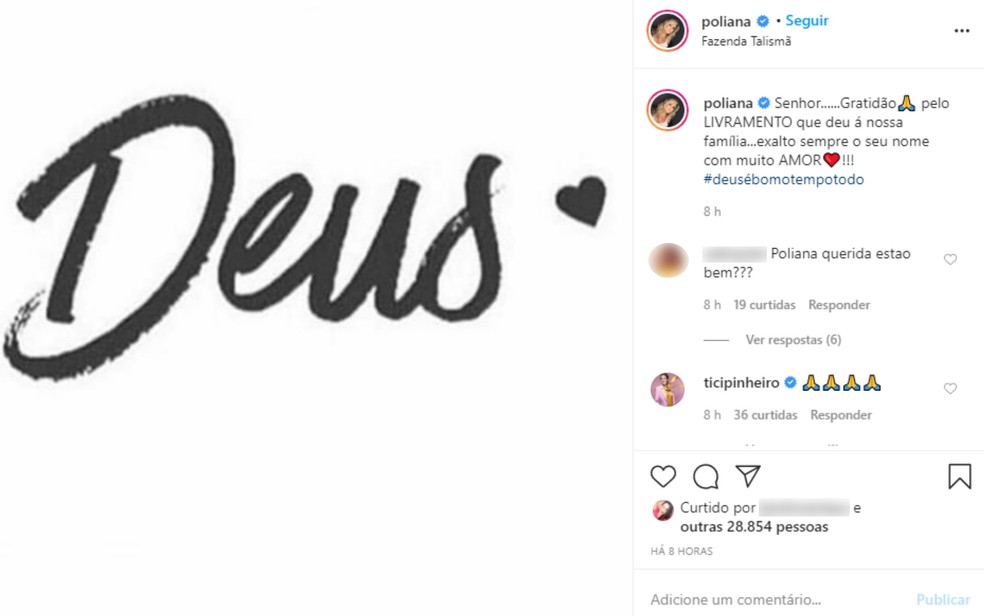 Esposa de Leonardo, Poliana posta nas redes sociais uma mensagem de agradecimento — Foto: Reprodução/Instagram