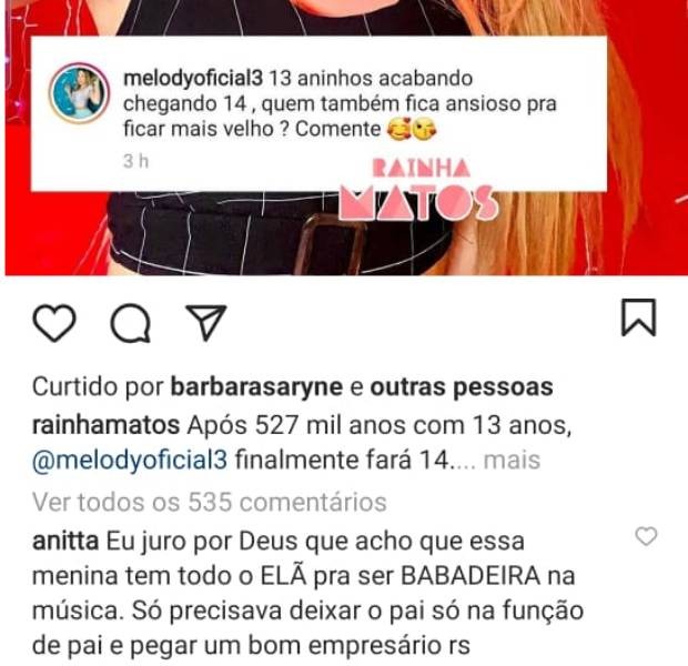 Anitta fala sobre MC Melody e alfineta o pai da jovem (Foto: Reprodução/Instagram)
