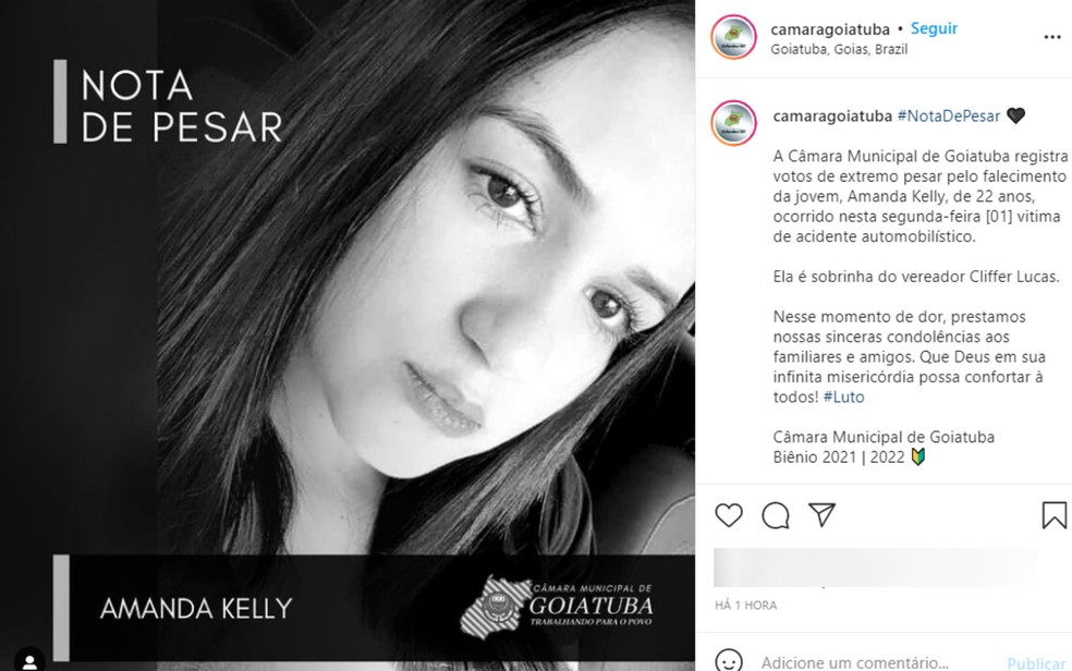 Vítima era sobrinha do vereador de Goiatuba Clefer Lucas Costa (PSB); Câmara Municipal publicou nota de pesar — Foto: Instagram/Reprodução 