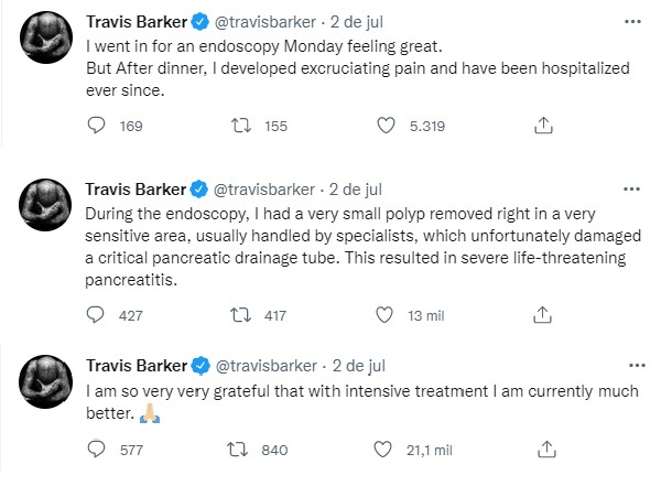 Travis Barker posta série de tuites explicando porque foi internado no dia 28 de julho (Foto: Reprodução/Twitter)