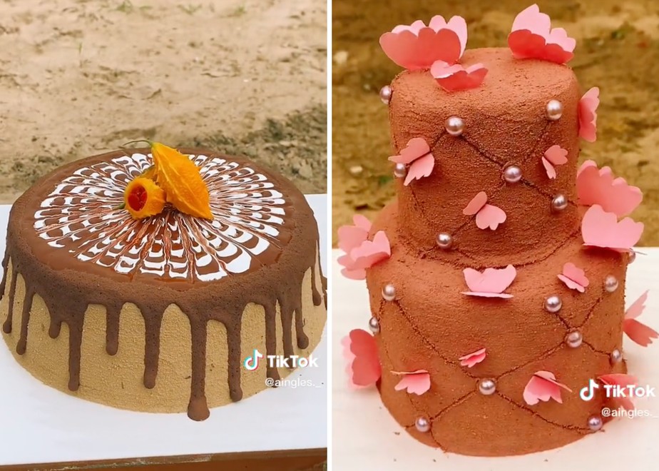 A jovem internauta cria bolos de areia e barro que parecem reais e comestíveis
