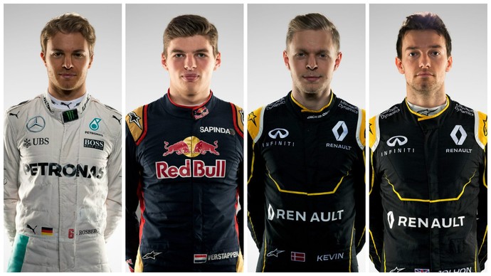 Nico Rosberg, Max Verstappen, Kevin Magnussen e Jolyon Palmer, os filhos de ex-pilotos da F1 (Foto: Divulgação)