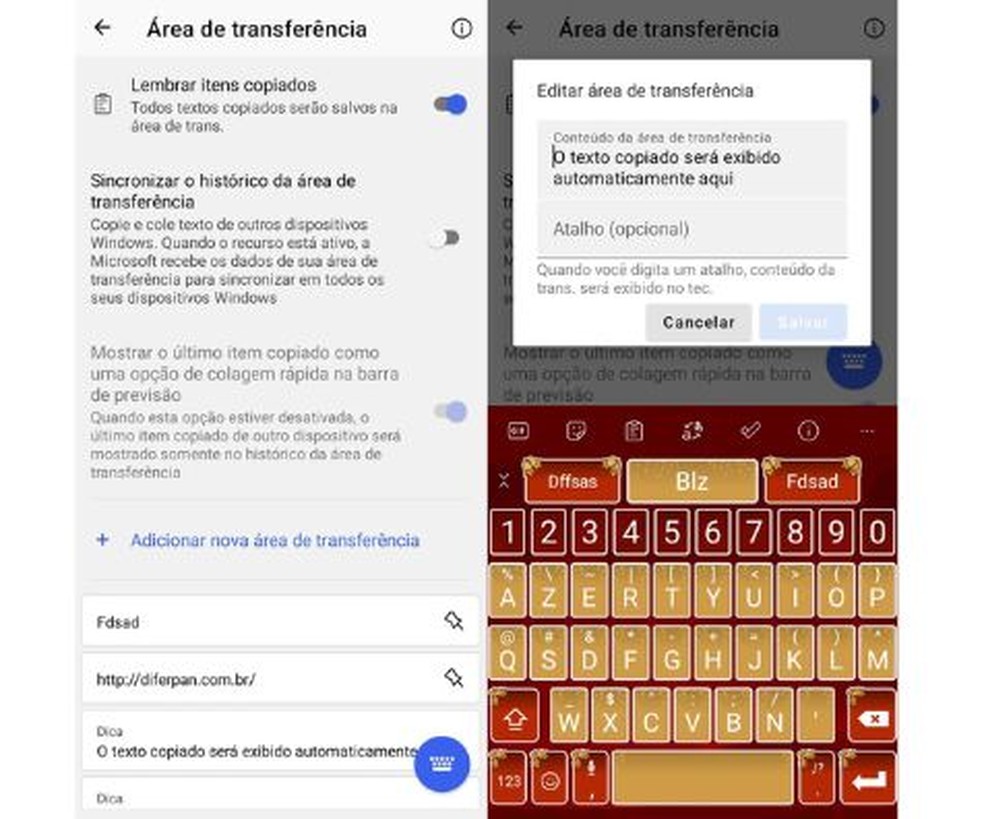 Área de transferência do SwiftKey — Foto: Reprodução/Júlio César Gonsalves