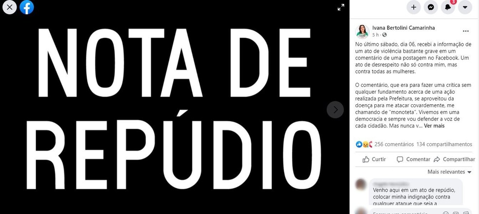 Prefeita Ivana Camarinha publicou nota de repúdio em suas redes sociais: "Não vou me abater" — Foto: Facebook/Reprodução