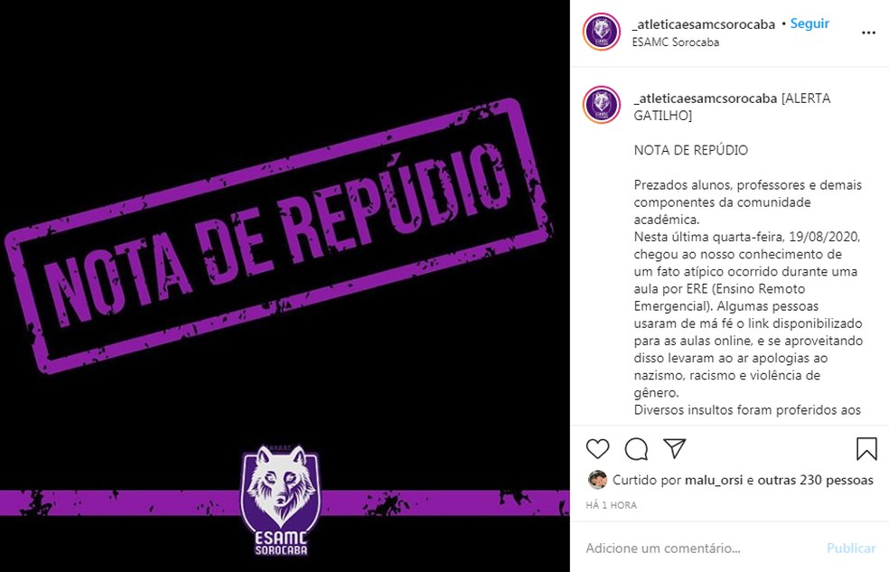 Atlética de faculdade de Sorocaba publicou nota de repúdio após "invasão" em aula online — Foto: Reprodução/Instagram