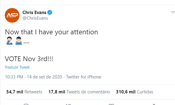 Chris Evans se pronuncia em tom irônico após nude vazado (Foto: Reprodução/ Twitter)