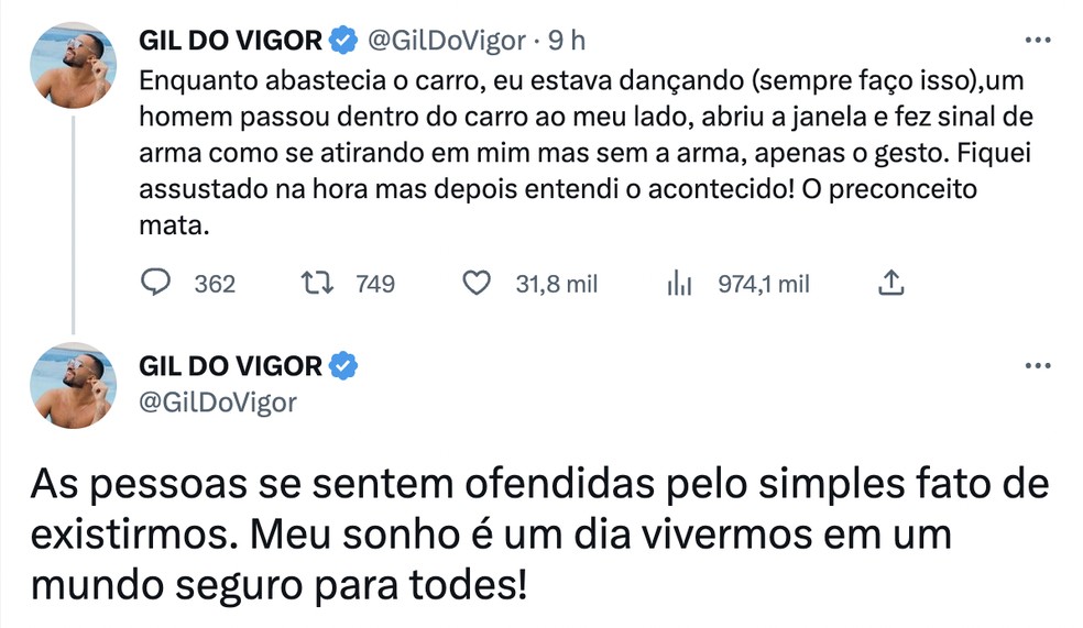 Gil do Vigor desabafa sobre homofobia nos EUA — Foto: Reprodução / Twitter