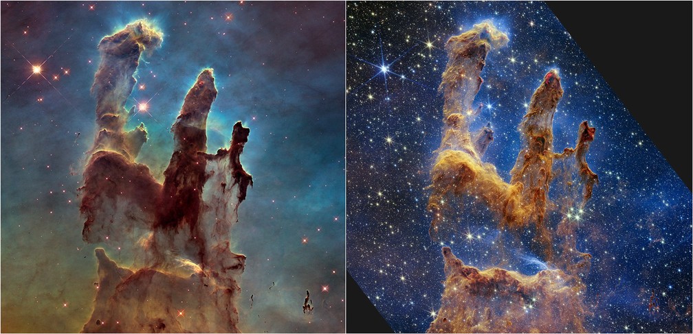 No registro da esquerda, a famosa foto dos Pilares da Criação feita pelo Hubble. Na direita, o registro do Webb. — Foto: Nasa/Divulgação