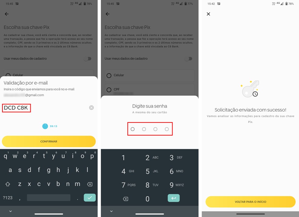 Finalizando o cadastro de uma chave Pix no C6 Bank — Foto: Reprodução/Rodrigo Fernandes