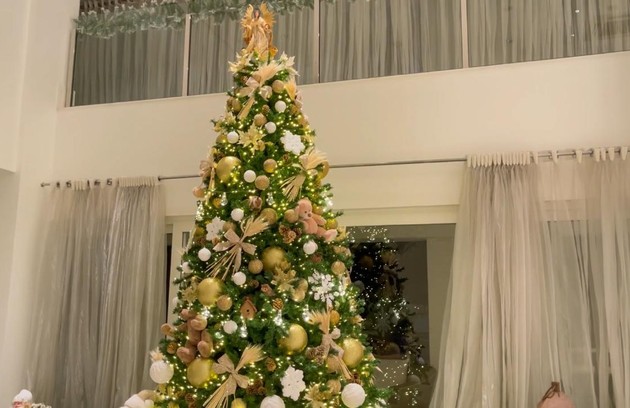 Ana disse que a sua árvore de Natal tem cerca de cinco metros de altura: “O pé direito aqui de casa permite, né. Então, esse ano eu resolvi abusar”, comentou.  (Foto: Reprodução/ YouTube)