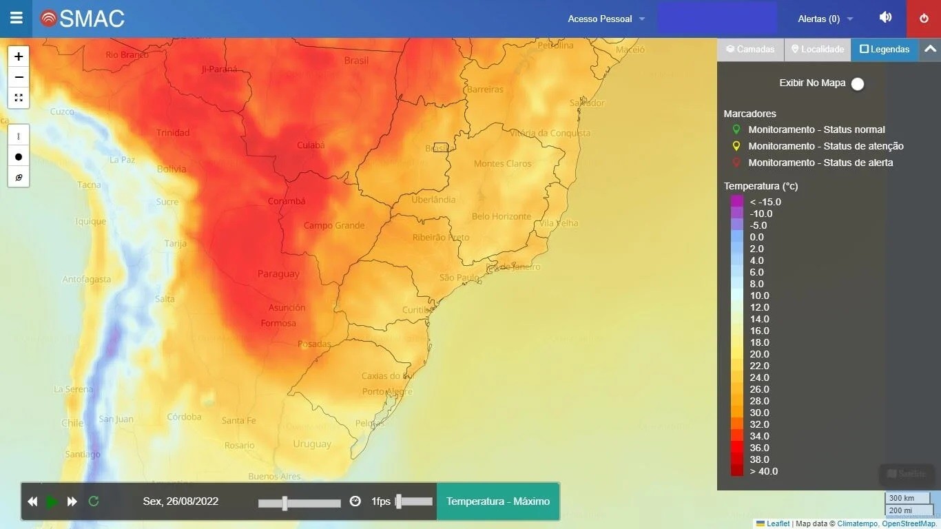 Mapa mostra indicativo de elevação de temperaturas no Centro-sul do Brasil nesta semana (Foto: Reprodução/Climatempo)