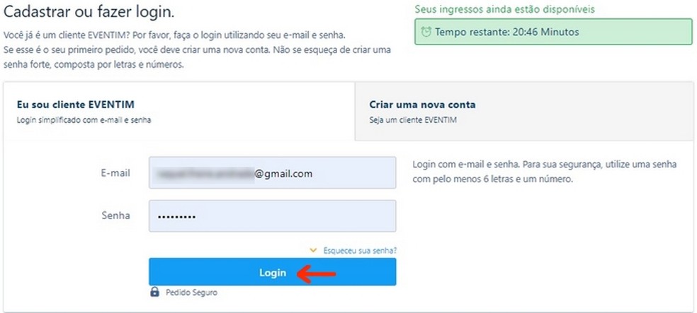 Login no Eventim para conclusão da compra do ingresso para show da Dua Lipa — Foto: Reprodução/Raquel Freire