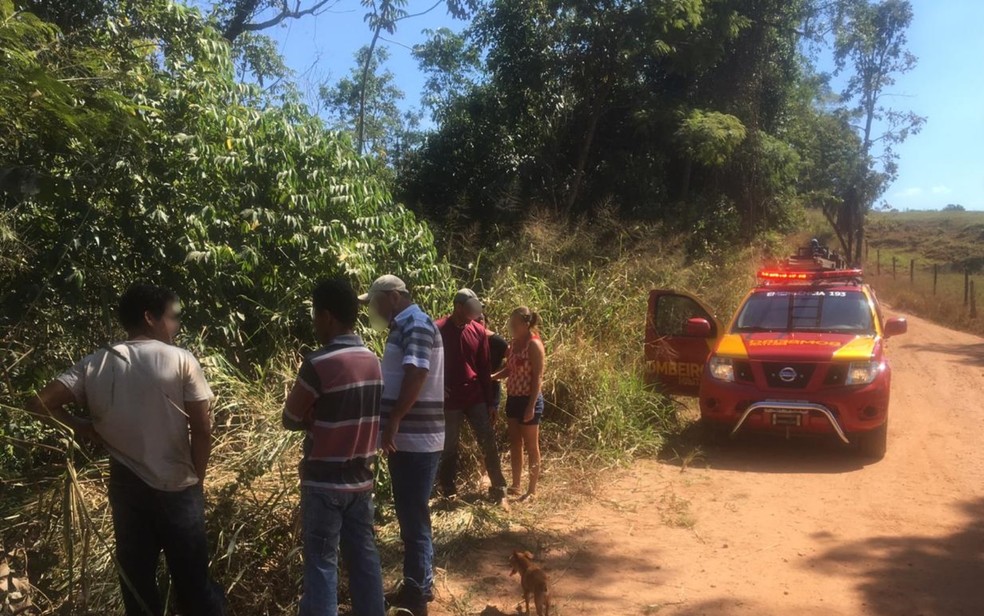 Carro caiu em c&oacute;rrego &agrave; beira de uma estrada de ch&atilde;o, em Uruana &mdash; Foto: Corpo de Bombeiros/Divulga&ccedil;&atilde;o
