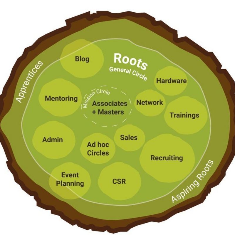 Diagrama organizacional da empresa oferece uma visão geral de como o sistema funciona, com grupos abertos e fluidos trabalhando (Foto: 10PINES)