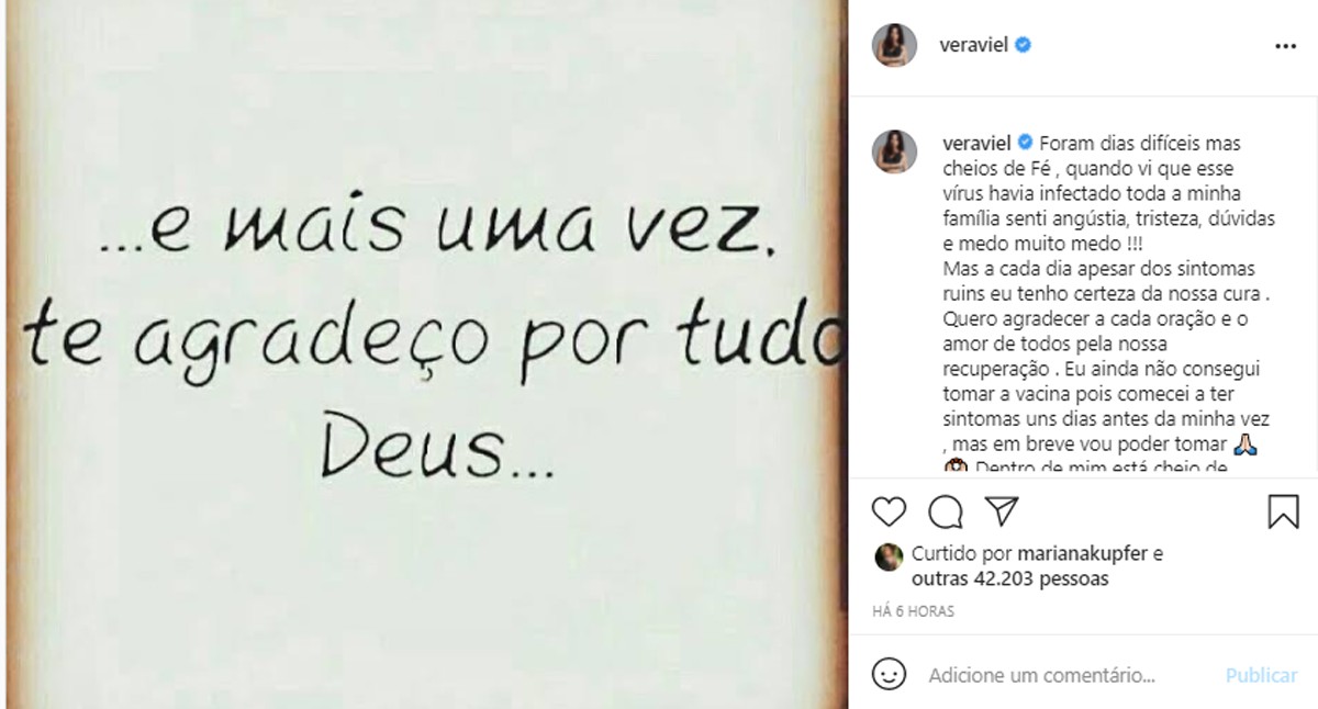 Com Rodrigo Faro e filha também infectadas com Covid-19, Vera Viel posta (Foto: Reprodução/Instagram)