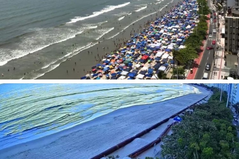 Imagens foram feitas em 31 de dezembro de 2019 e 7 de julho de 2021, respectivamente. — Foto: Fabiano Correia/NSC TV e Prefeitura Balneário Camboriú/Reprodução