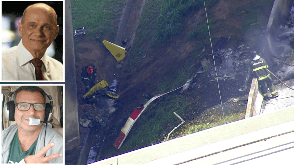 Jornalista Ricardo Boechat e piloto Ronaldo Quattrucci morreram em queda de helicóptero em 11 de fevereiro de 2019 em São Paulo. Aeronave colidiu com caminhão  — Foto: Reprodução/Arquivo/TV Globo