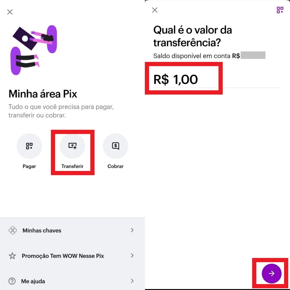 Como enviar dinheiro pelo Pix? Toque sobre "Transferir" e indique um valor para prosseguir — Foto: Reprodução/Clara Fabro