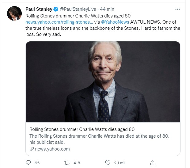 Paul Stanley se despede de  Charlie Watts (Foto: Reprodução Twitter)