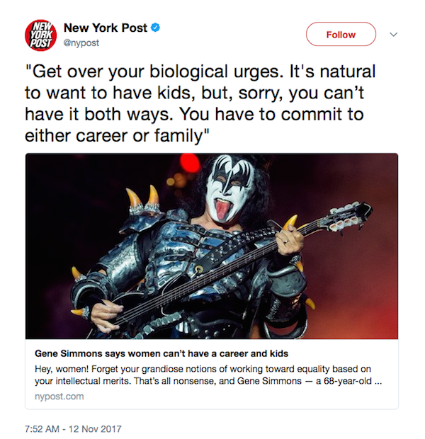 O tuíte do jornal New York Post chamando atenção para a declaração de Gene Simmons do Kiss (Foto: Twitter)