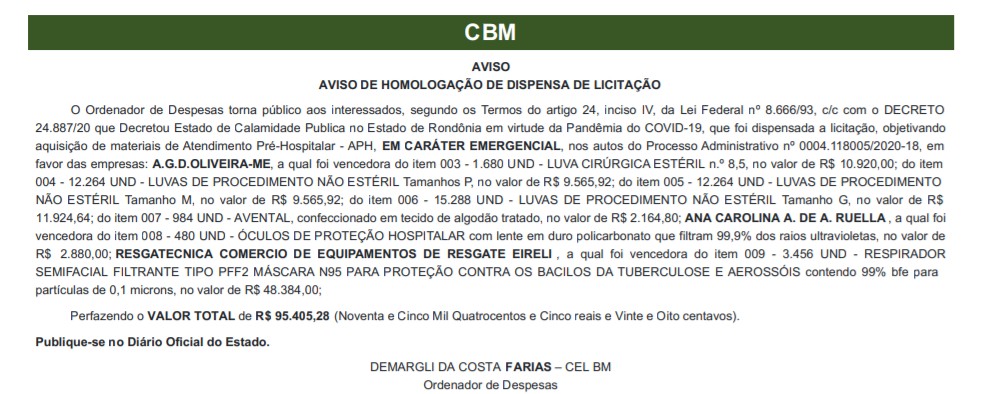 Ação de dispensa de licitação no valor de R$ 95.405,28 para combate ao coronavírus em Rondônia — Foto: Reprodução/Diário Oficial 