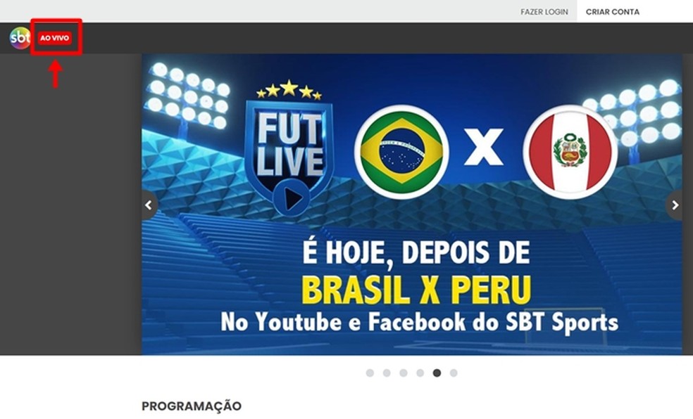 Para acompanhar o jogo do Brasil contra o Peru pela Copa América Feminina, torcedor deve usar o botão "Ao Vivo" no site do SBT — Foto: Reprodução/Gabriela Andrade