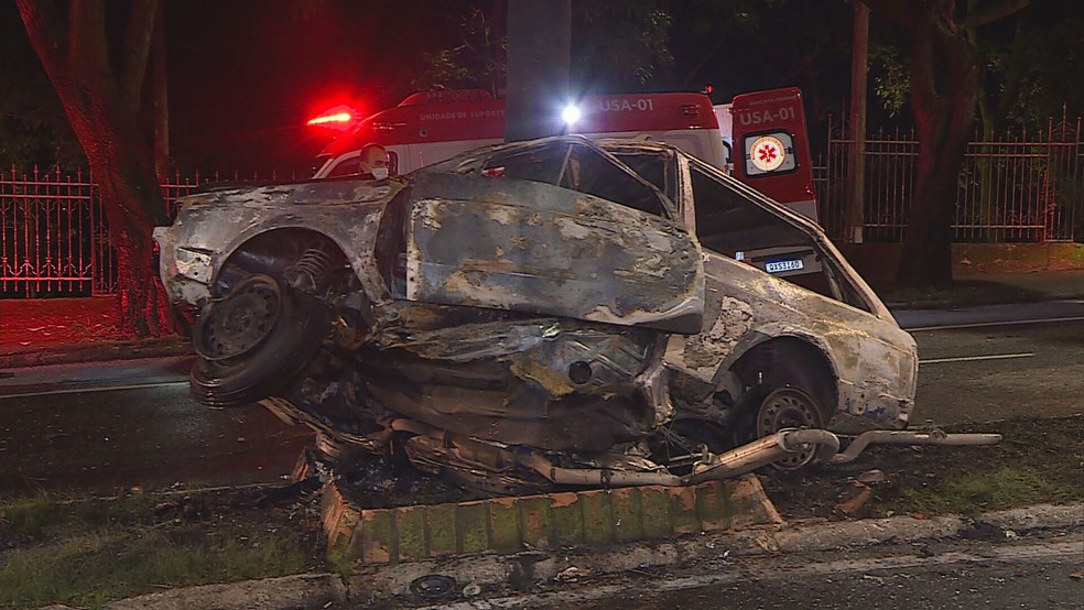 Chamas tomaram conta do veículo da família logo após bater em árvore — Foto: Reprodução/TV Globo