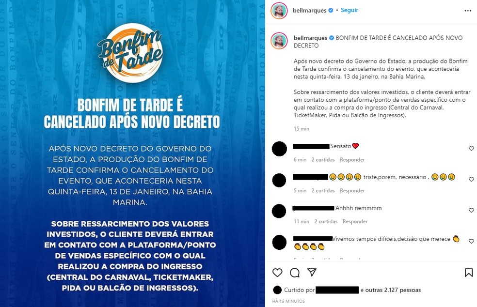 Festa com Bell Marques e Harmonia do Samba é cancelada em Salvador — Foto: Redes sociais