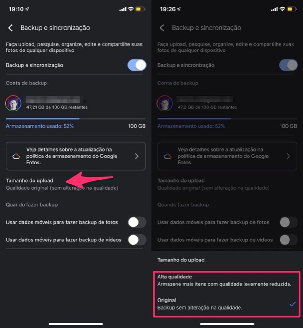 Ação para gerenciar os tipos de backup de fotos e vídeo no app Google Fotos — Foto: Reprodução/Marvin Costa