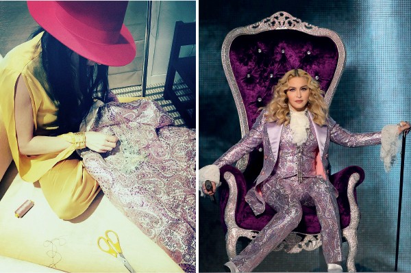 Minutos antes do tributo a Prince, B. faz os últimos ajustes no terninho Gucci de Madonna (Foto: .)