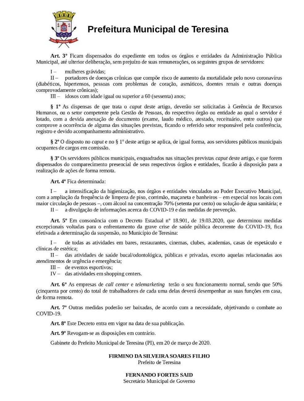 Decreto da Prefeitura de Teresina — Foto: Reprodução/Prefeitura de Teresina