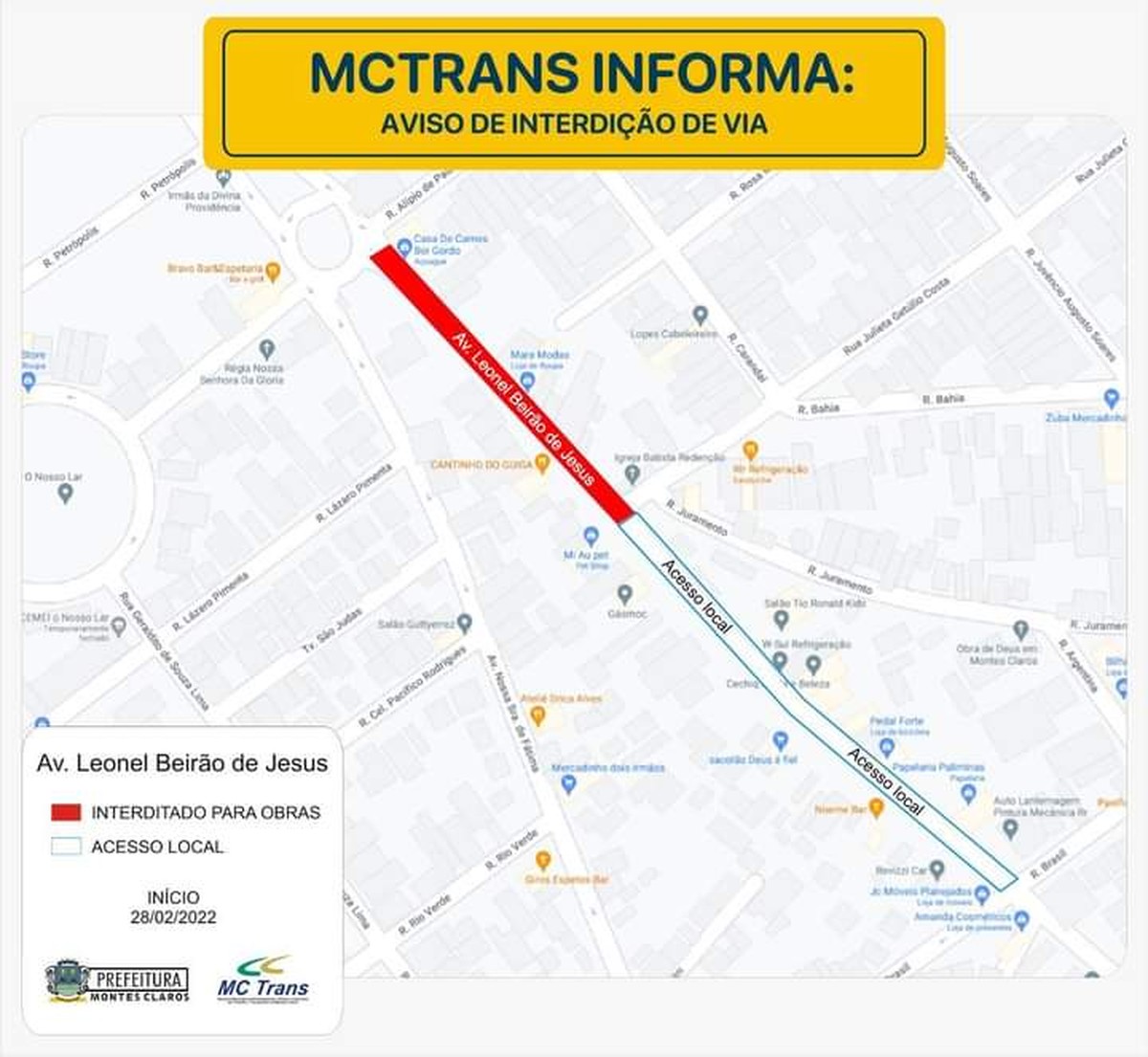 Avenida Leonel Beirão de Jesus, em Montes Claros, é interditada para obras; veja as rotas alternativas