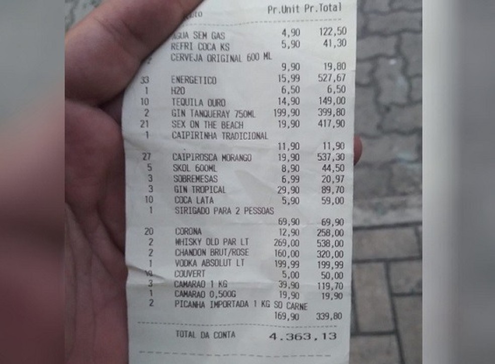 Valor do produtos consumidos pelo homem no bar passou de R$ 4 mil — Foto: Reprodução