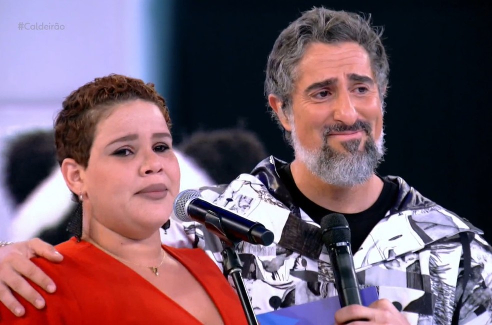 Marcos Mion é só emoção durante a participação de Lorena Freitas, no quadro 'Caldeirola' — Foto: Globo