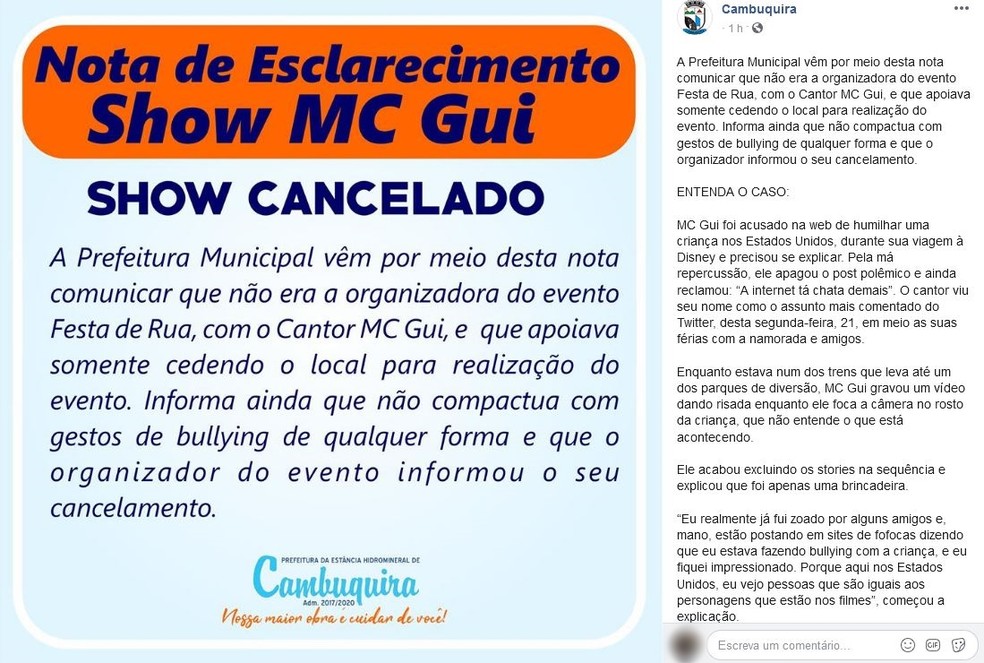 Prefeitura de Cambuquira (MG) publicou nota sobre cancelamento de show de MC Gui — Foto: Reprodução/Facebook