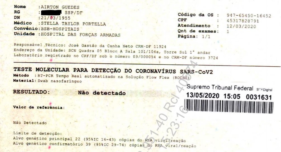 Exame de Jair Bolsonaro entregue ao STF pelo governo; teste foi feito com nome fictício e CPF verdadeiro  — Foto: STF/Divulgação