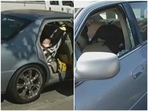 Imagem do boneco dentro do carro e do vidro quebrado (Foto: Reprodução ABC News)