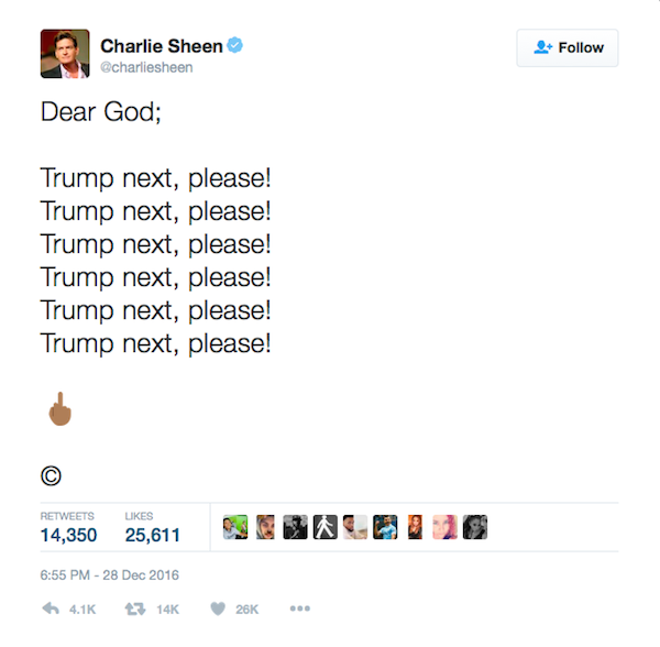 A mensagem publicada por Charlie Sheen nas redes sociais (Foto: Twitter)