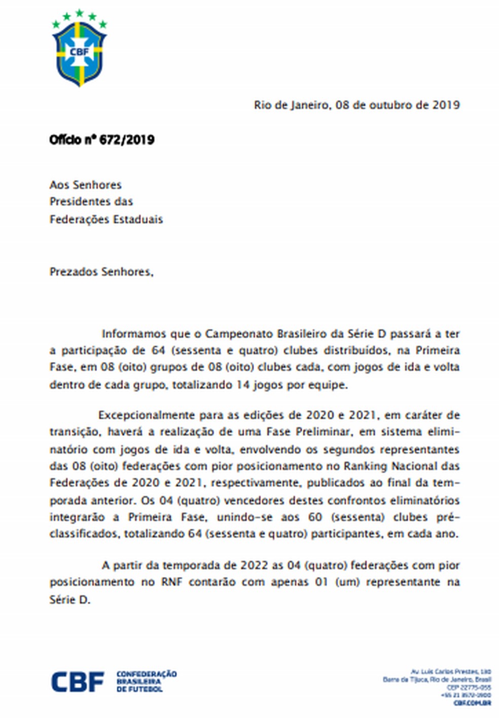 Documento CBF às federações sobre a Série D (Foto: Reprodução/CBF)